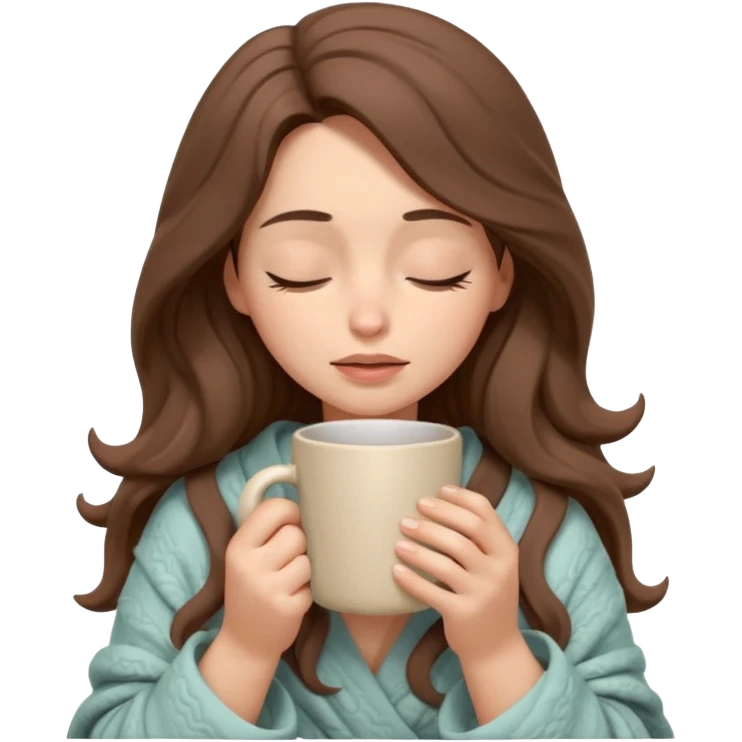emoji-style illustration of a pretty relaxed woman with long wavy brown hair, wrapped in a cozy beige blanket, holding a mug cup, eyes closed, sad and a bit anxious expression, soft 3D cartoon rendering, warm and comforting mood, plain background
 emoji