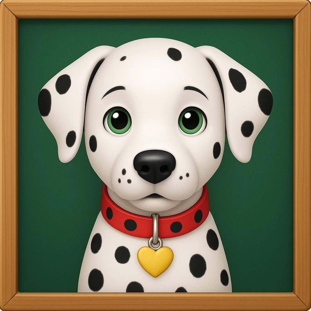 Dalmatian in front of a green school board in a wooden frame, iphone emoji style emoji