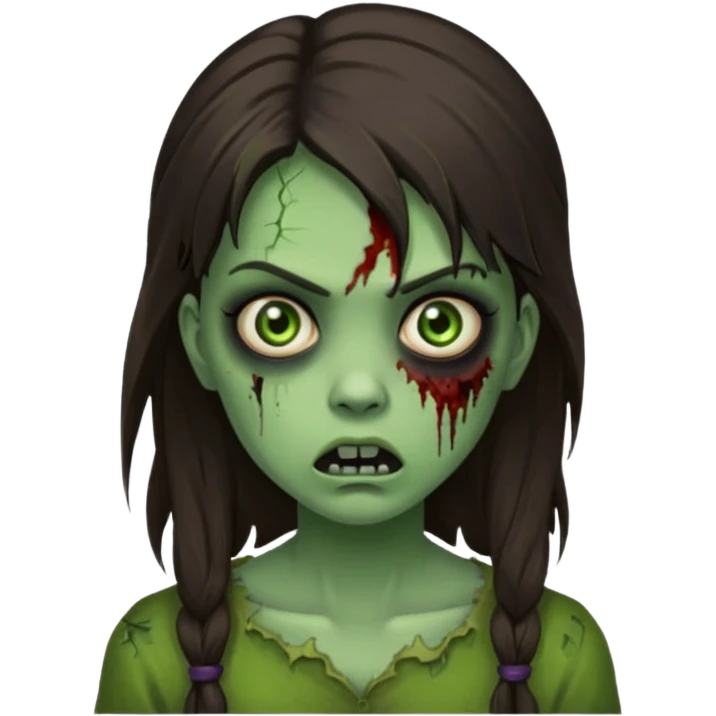 brunette zombie girl, scary expression, horror zombie green emoji