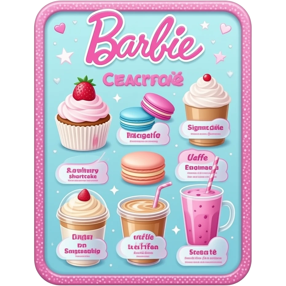 A Barbie-inspired pastel café menu board that includes a variety of items beyond cupcakes, featuring both food and drinks. Each menu item is given a unique name, along with its price and a short description emoji