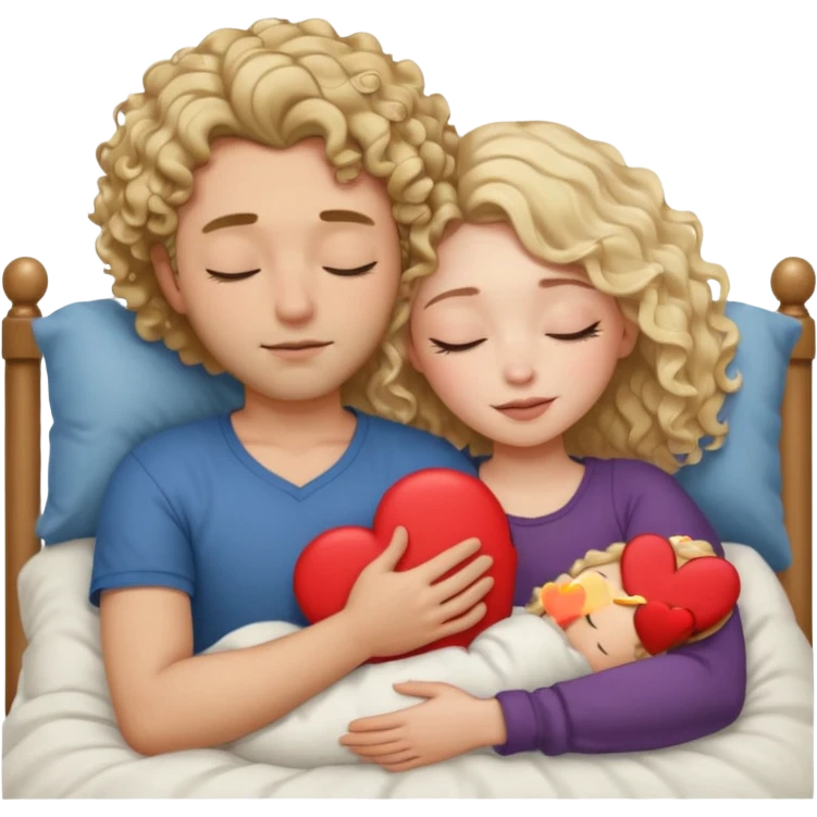 cuddling in bed, asleep. wavy haired blonde girl. man with curly,  dark brown hair. eyes closed. heart between them. no headboard emoji
