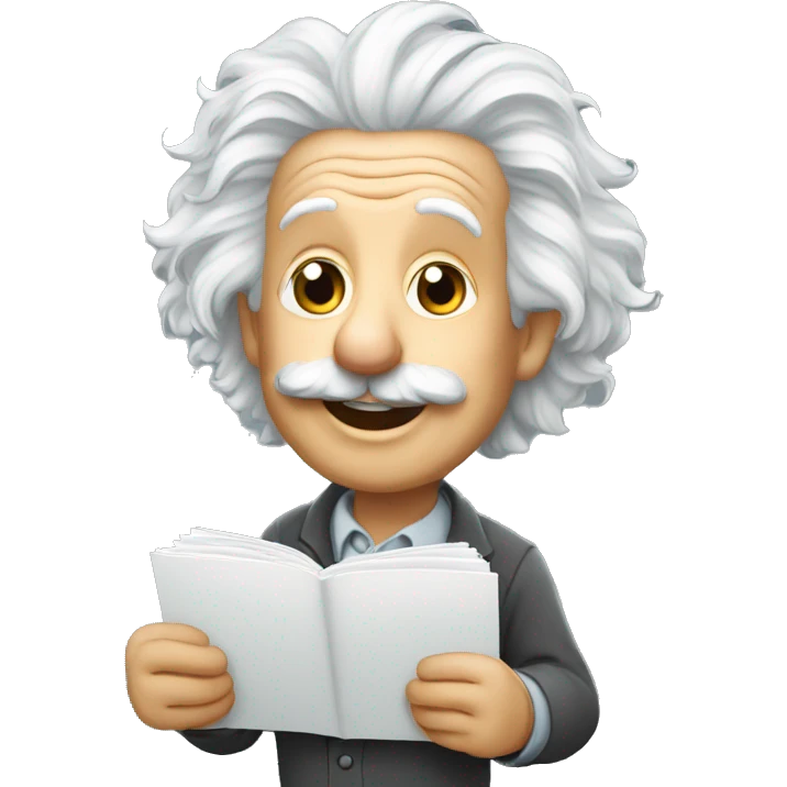 happy albert einstein holding blank notebook in one hand emoji