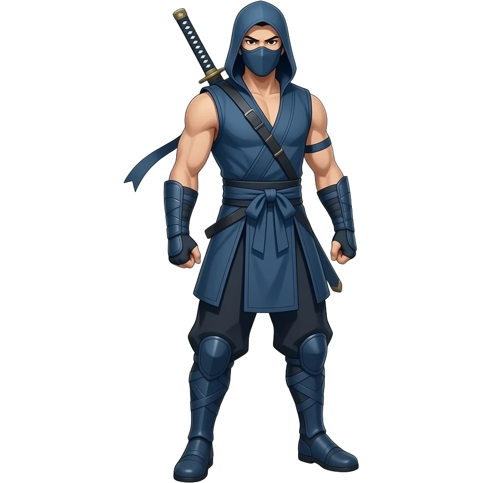 Anime Ninja all dark cyan with hood sleeveless cyan masks look superstrong and sword in back and ninja dark cyan pants very tall full body emoji