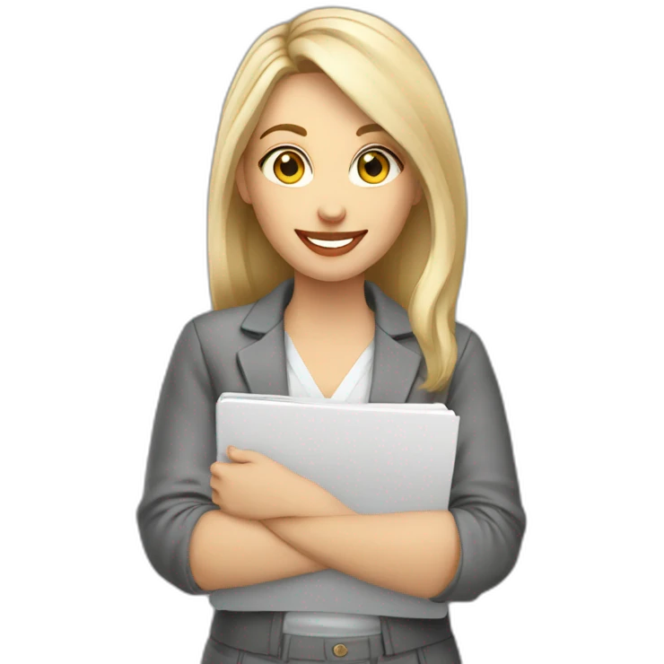 Graphic designer white woman light hair grey eyes smile with notebook emoji