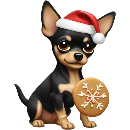 black & tan chihuahua puppy holding a christmas cookie emoji