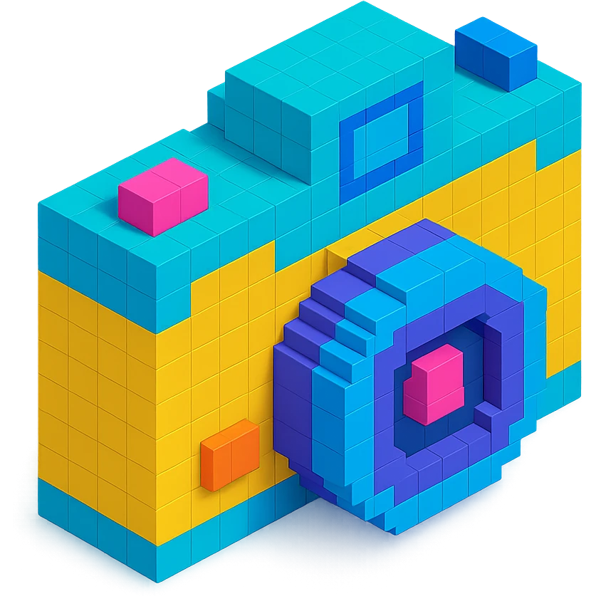 classic design camera in voxel style, isometric view emoji