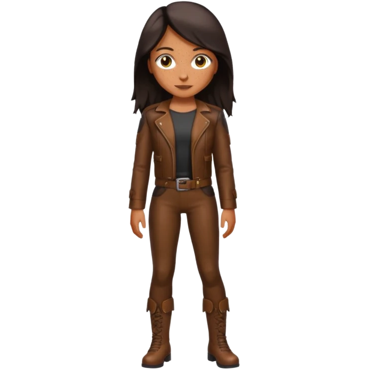 Tan skin with freckles, long dark hair, hazel eyes Dominatrix full body emoji