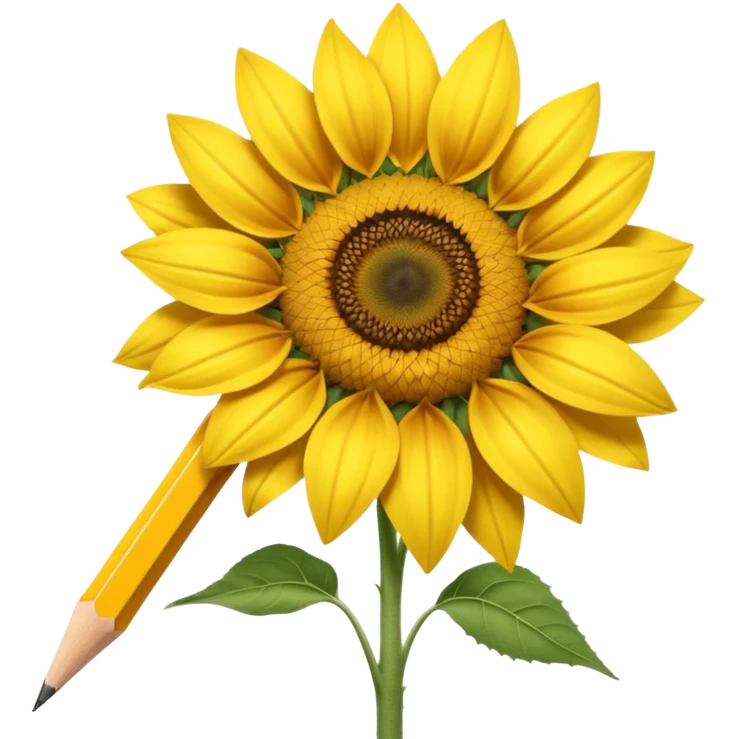 A hyper-realistic object that is half sunflower and half wooden pencil, merging seamlessly at the midpoint. Bright yellow petals, natural textures, detailed graphite tip, soft studio lighting, high-resolution. emoji