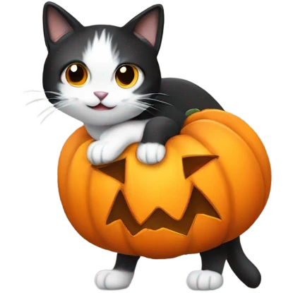 black and white cat, wearing pumpkin costume emoji