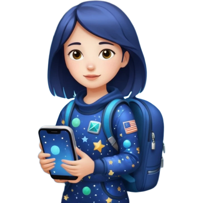 girl dressed in starry space-print outfit, carrying a space-print backpack and phone emoji