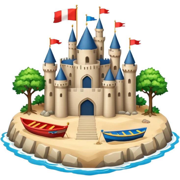 A huge island with trees boats and sand in the middle there is a huge beautiful castle emoji