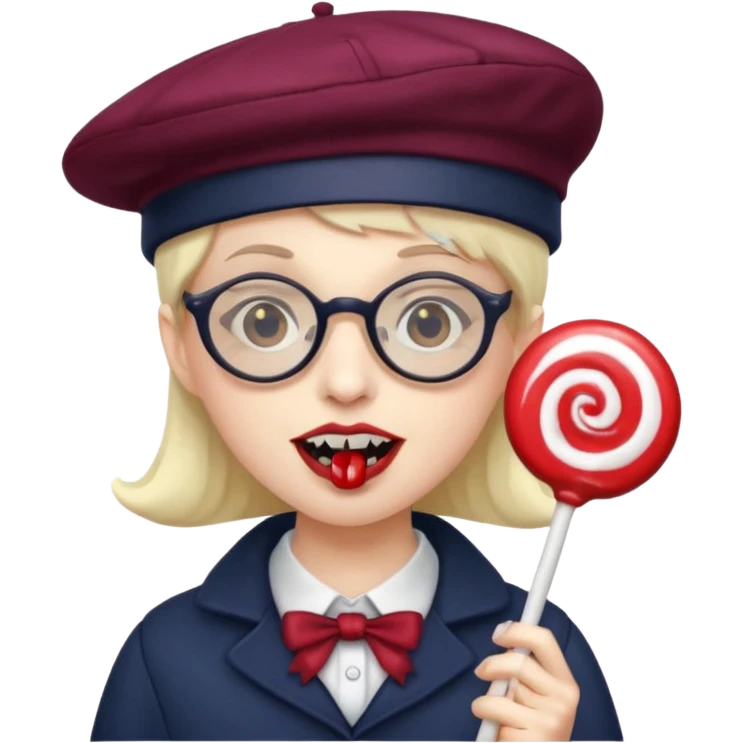 Vampire with lollipop, beret and glasses, teeth looks like vampire emoji