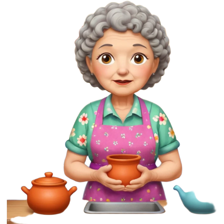 cartoon Apple iOS emoji style rural elderly woman, chubby face, short gray curly hair, flowery blouse, colorful apron, big expressive eyes, pastel colors, Chilean wooden kitchen background, clay pots, warm light, detailed and clean vector art emoji