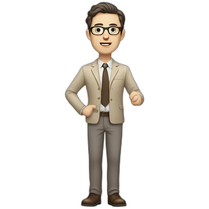Full height Gesticulating Pale skinned fit man with dark brown hair in gray jacket, beige office shirt, brown tie, brown pants and vintage glasses. emoji
