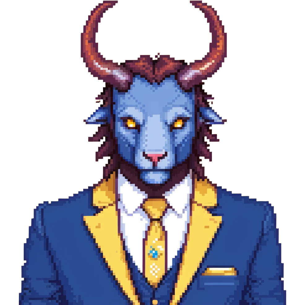 Beast from Beauty and the Beast with human lips and mouth, horns and blue formal clothes emoji