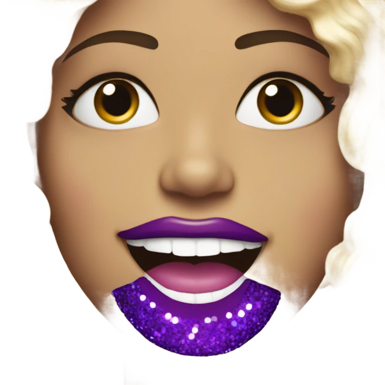 Smile E face with purple glittery lipstick emoji