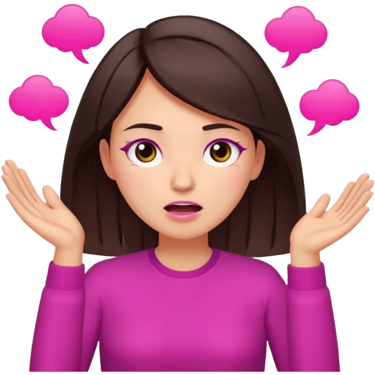 Social media manager. She has dark brown hair, brown eyes, exhaling deeply, hands slightly raised showing frustration. Use vibrant colors with a focus on pink and fuchsia tone emoji