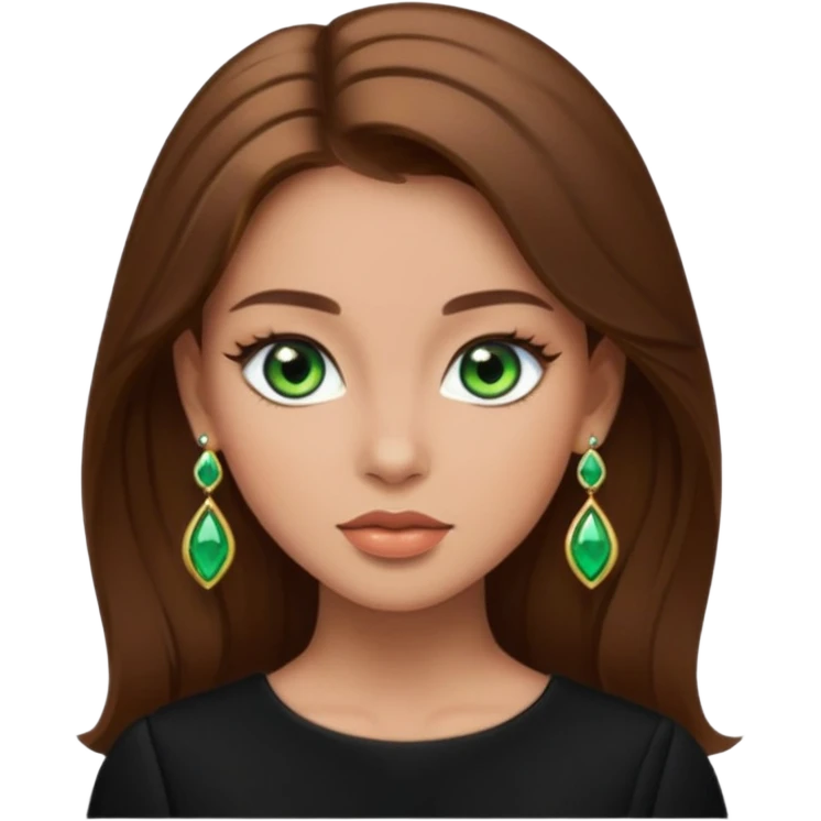 Μια κοπέλα καστανή με μαύρα ωραία ρουχα και σκουλαρίκια και κοσμήματα και βαμμένη ελαφρό και πράσινα μάτια  emoji