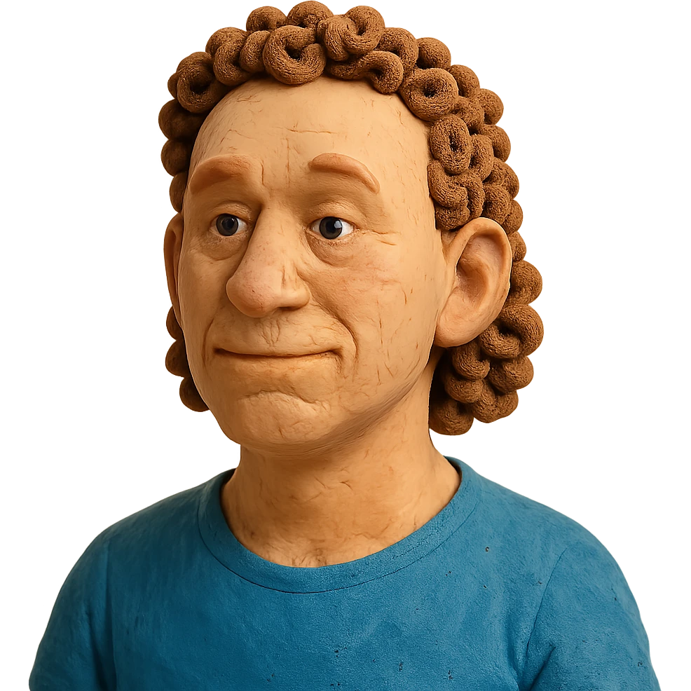claymation style white man in his 40s, long tight curly hair with short sides, no background emoji