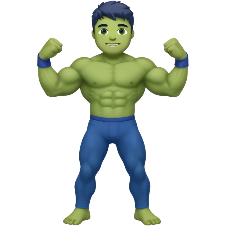 Kid Hulk flexing arms, full body, long blue pants, and smiling emoji