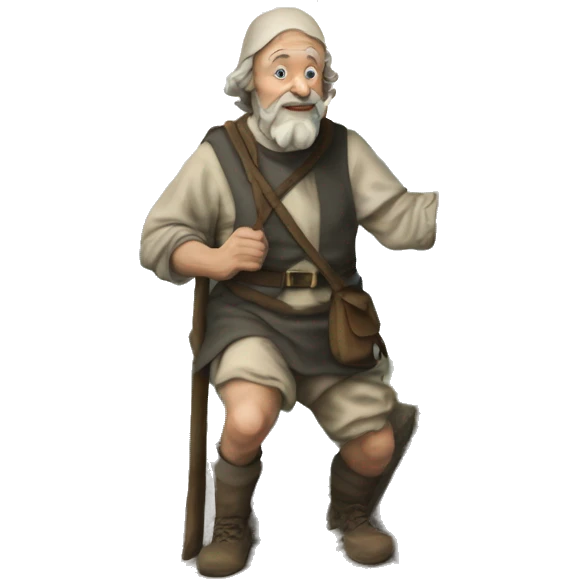 a realistic watercolo style Pilgrim from John Bunyan's Book climbing a mountain next to a cross emoji