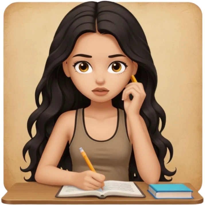a pretty bratz light dusky girl with long wavy black hair in a brown tank top studying tired emoji