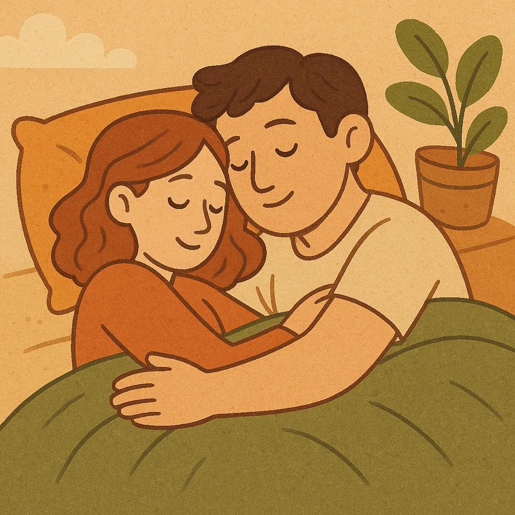 a couple cuddling in bed, sleeping, gentle embrace, warm colors, cartoon style emoji