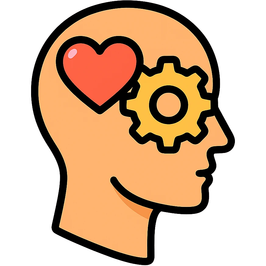 Vector illustration of a human head icon in profile view, with a heart or gears inside the head symbolizing emotional intelligence or cognitive processing. Clean and sharp lines, with subtle realistic shadows and glossy highlights for depth. Flat yet modern vector style. Transparent background emoji