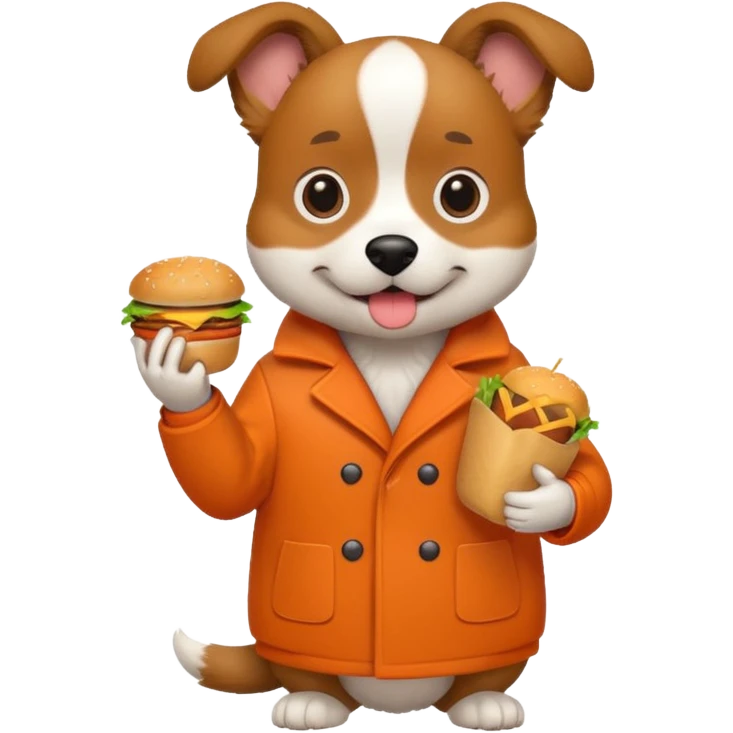 dog with hamburger wearing orange coat emoji