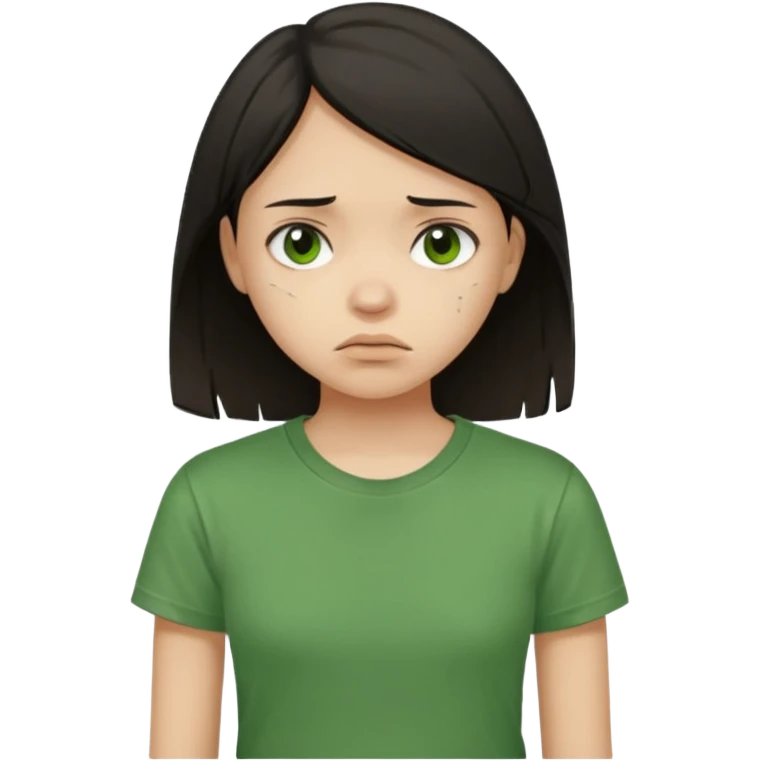 Young girl with straight, dark hair, damaged and unattractive, wearing a green T-shirt, with a sad and subdued expression. emoji