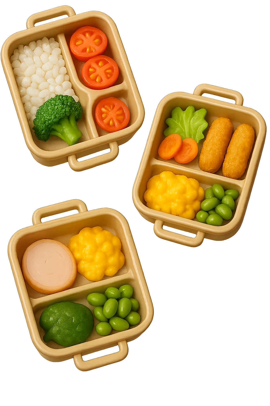 EMOJI STILE IPHONE DI UN 3 schiscette con poco cibo dentro, fluttuano in aria REALISTICA 4K emoji