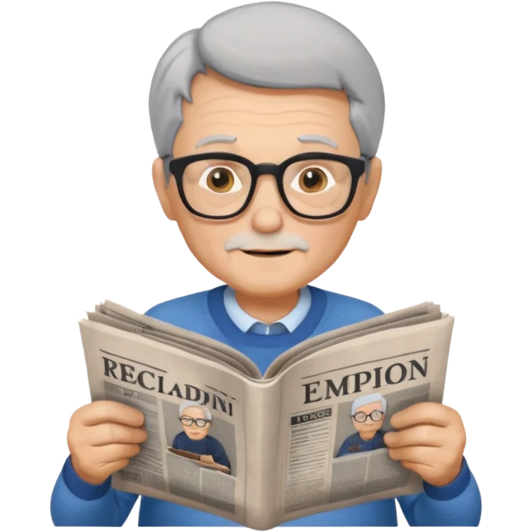 elderly man with gray hair, reading a newspaper, relaxed, wearing glasses, in a park emoji