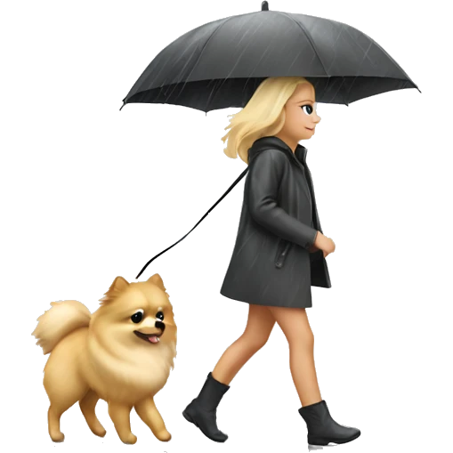 Blonde girl walking pomeranian under the rain emoji