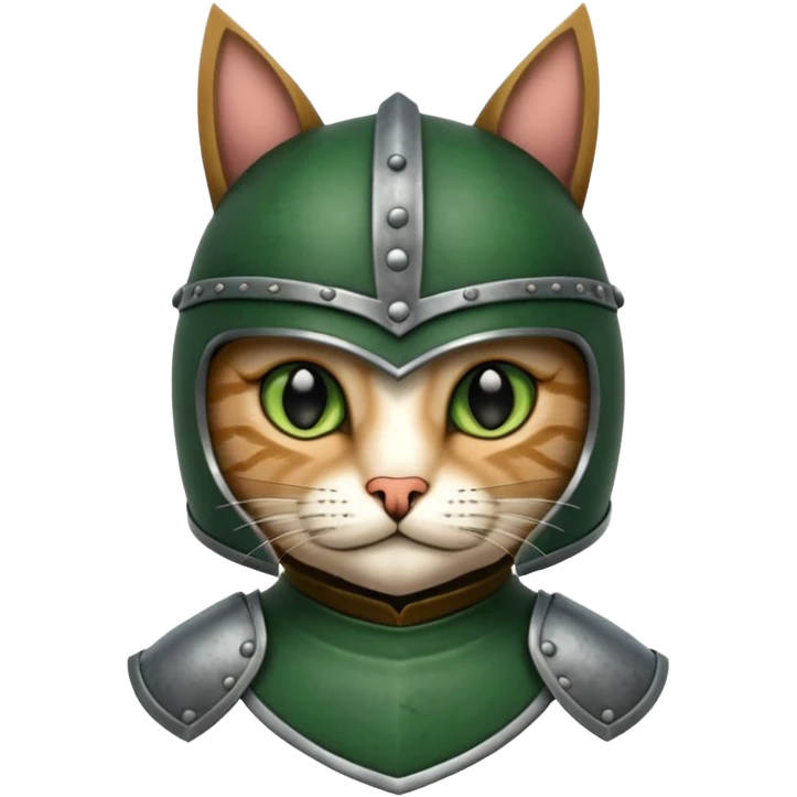 Crea un gato atigrado con armadura y casco medieval  emoji