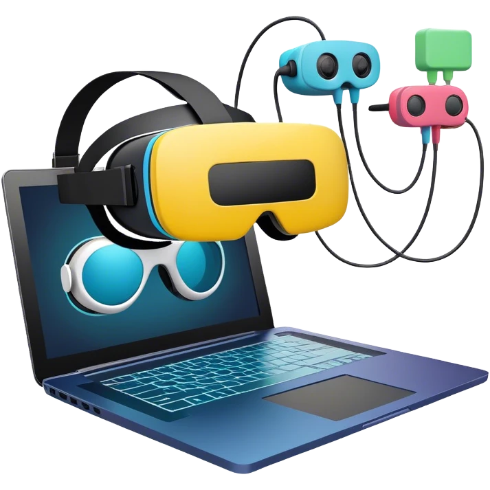 VR headset, wire connected to laptop, laptop screen showing VR/AR modeling software, floating 3D models or virtual objects, modern, tech-inspired colors, no emojis or smiley faces, transparent background. emoji
