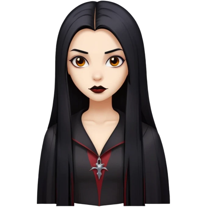 A girl with long black straight hair and warm tan skin color emoji vampire goth version emoji