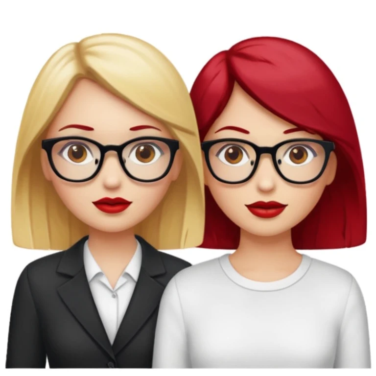 Two white girls, one has blonde hair, brown eyes and glasses and the other one has cherry red hair, brown eyes and red lips emoji