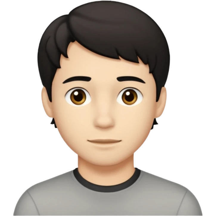 A young man with light skin tone, short wavy black hair parted to the side, large brown eyes, and a neutral expression with a small closed-mouth smile. emoji