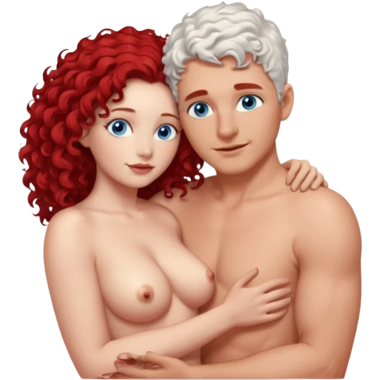 Homme nu cheveux blanc courts, yeux bleu barbe naissante + femme nu gros seins rousse cheveux longs bouclés yeux bleu faisant l'amour emoji