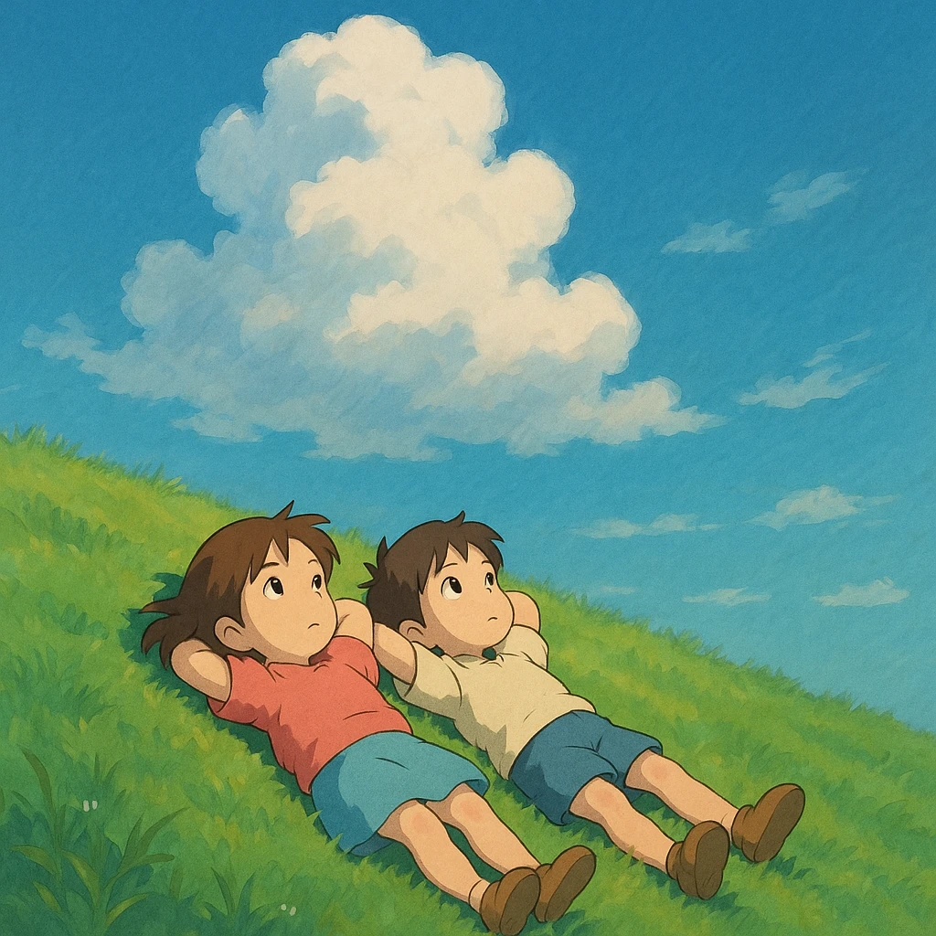 Two siblings lying on a grassy hill, gazing up at drifting cloud emoji