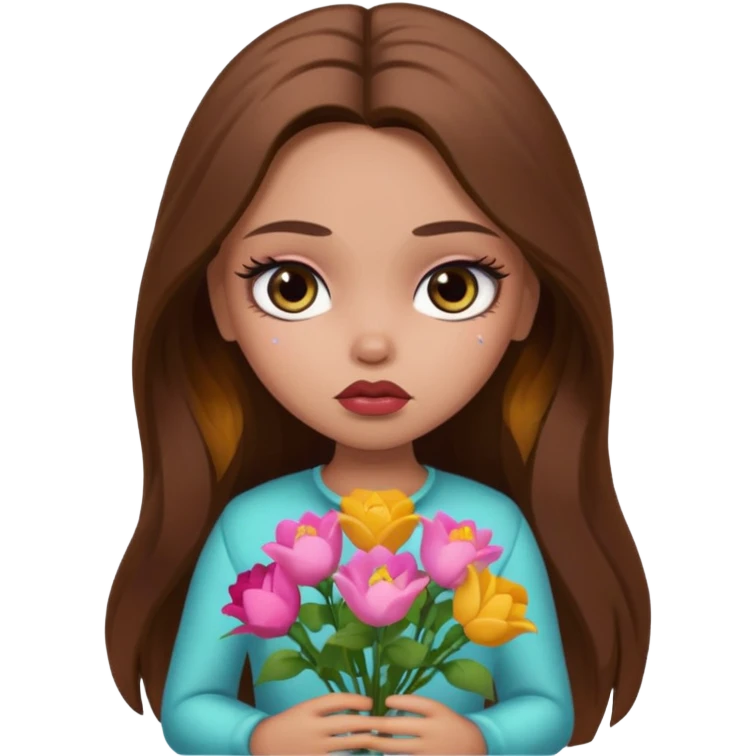 sad pretty bratz baddie, long brown hair holding flowers emoji