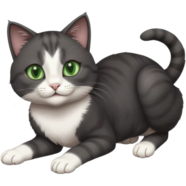 beautiful female solid dark grey cat with green eyes, white toes/paws and white patch on her chest playfully rolling upside down emoji