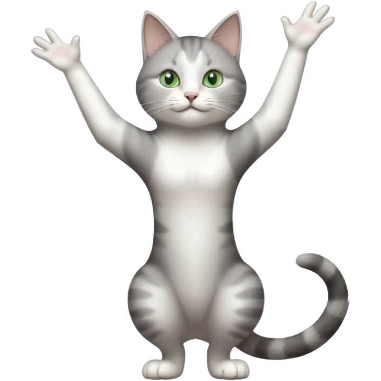 grey and white cat with green eyes doing a big long stretch reaching up into the air with arms and legs side by side together emoji