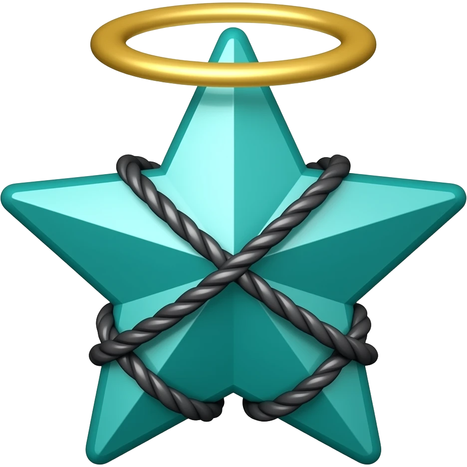 Teal star with a golden halo above the star with black ropes across it emoji