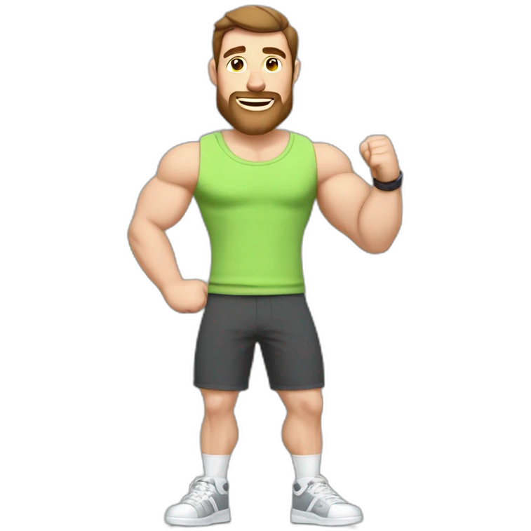 Full height Actively gesturing  with hands Pale skinned Fit Man With the biceps and brown hair in dark gray Sleeveless Mike, black oversize sports shorts, watch and white Sneakers emoji