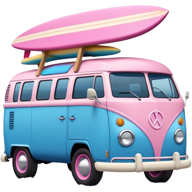 Blue Hippie van with surf boards on top pink
 emoji