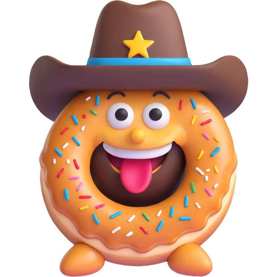 happy doughnut with a big grin and a cowboy hat, fun emoji style emoji