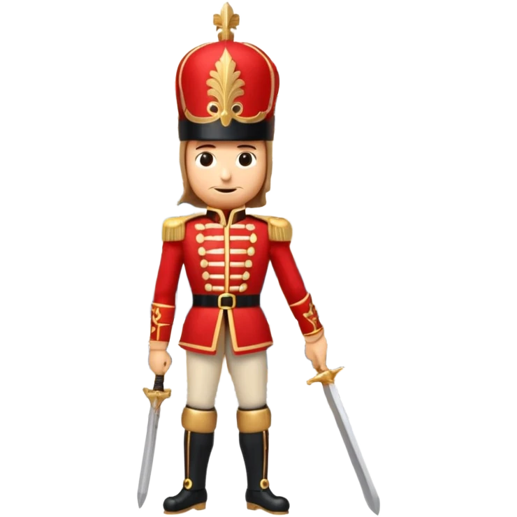 3D emoji of a majestic
Nutcracker soldier standing in front of a stylized Bolshoi Theatre facade. Snowy winter atmosphere, theatrical gold and red colors. High-quality 3D render, glossy plastic and wood textures, isolated on a white background. emoji