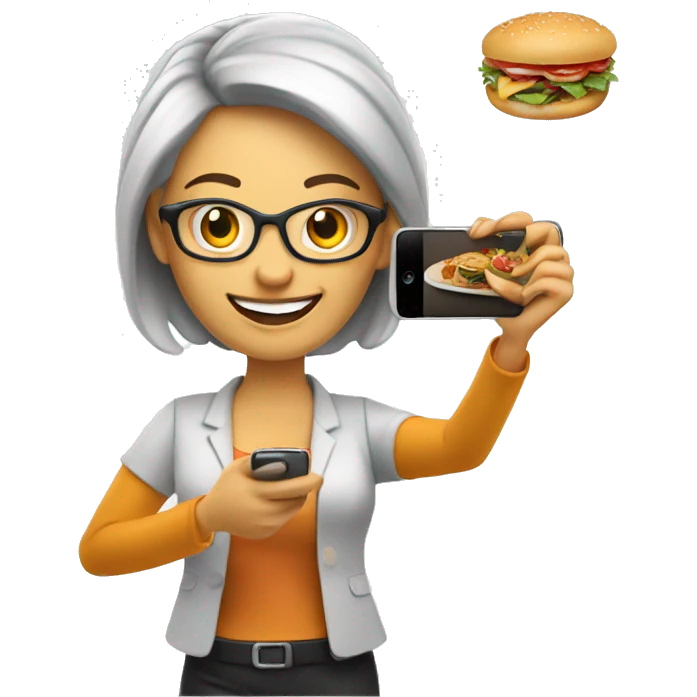 Happy Lady corporate business owner shooting food photos & videos with her phone emoji