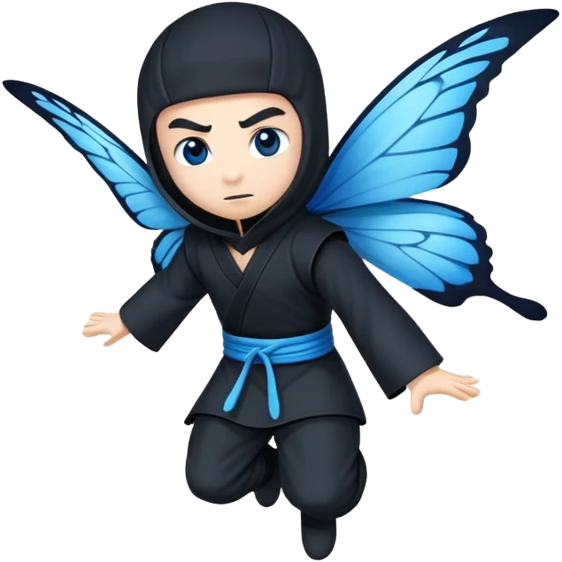 Crea un emoji para usar en WhatsApp con estos dos emoji 🥷🏻🦋.
Ninja vestido de negro con la piel blanca y una mariposa azul posada en su hombro izquierdo como si estuviera volando. emoji